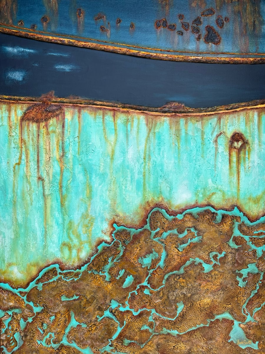 'Rusty Hull 2' -  Fine Art  Giclée Print - A5 size $30 by Jude Scott  Image: Reproduction from an original abstract textural work inspired by a neglected, rusty old boat. With this artwork, I wanted to capture the beauty I found in the colours and patina, using acrylics & mixed media.