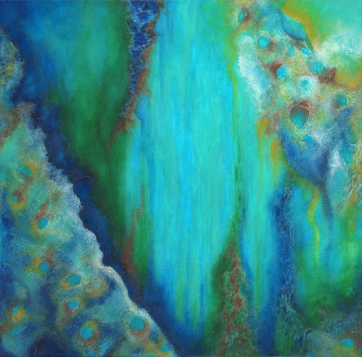 Sea Vibe by Jude Scott  Image: Sea Vibe was the result of experimenting with collaging muslin and tissue paper onto canvas to create texture and interest, then painting with acrylics. Growing up by the beach, always in or near water, be it the surf, river or local pool, blue's and aquas are definitely a part of my psyche. It's an intuitive piece with a sea vibe feeling. 