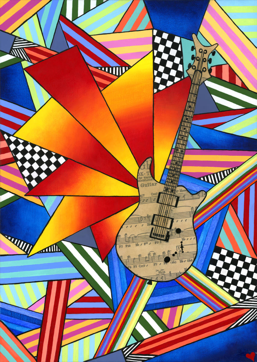 'OC Guitar' Giclée Print from an Original Work - Open Edition by Jude Scott  Image: Fine art Giclee Print  of a bright & bold coloured original work created by me in July 2021. I learnt the guitar in primary school and played for my own amusement into late teenage years so used this as inspiration,  collaging  vintage sheet music from my husband's collection on the guitar.  10 x 14 inches.