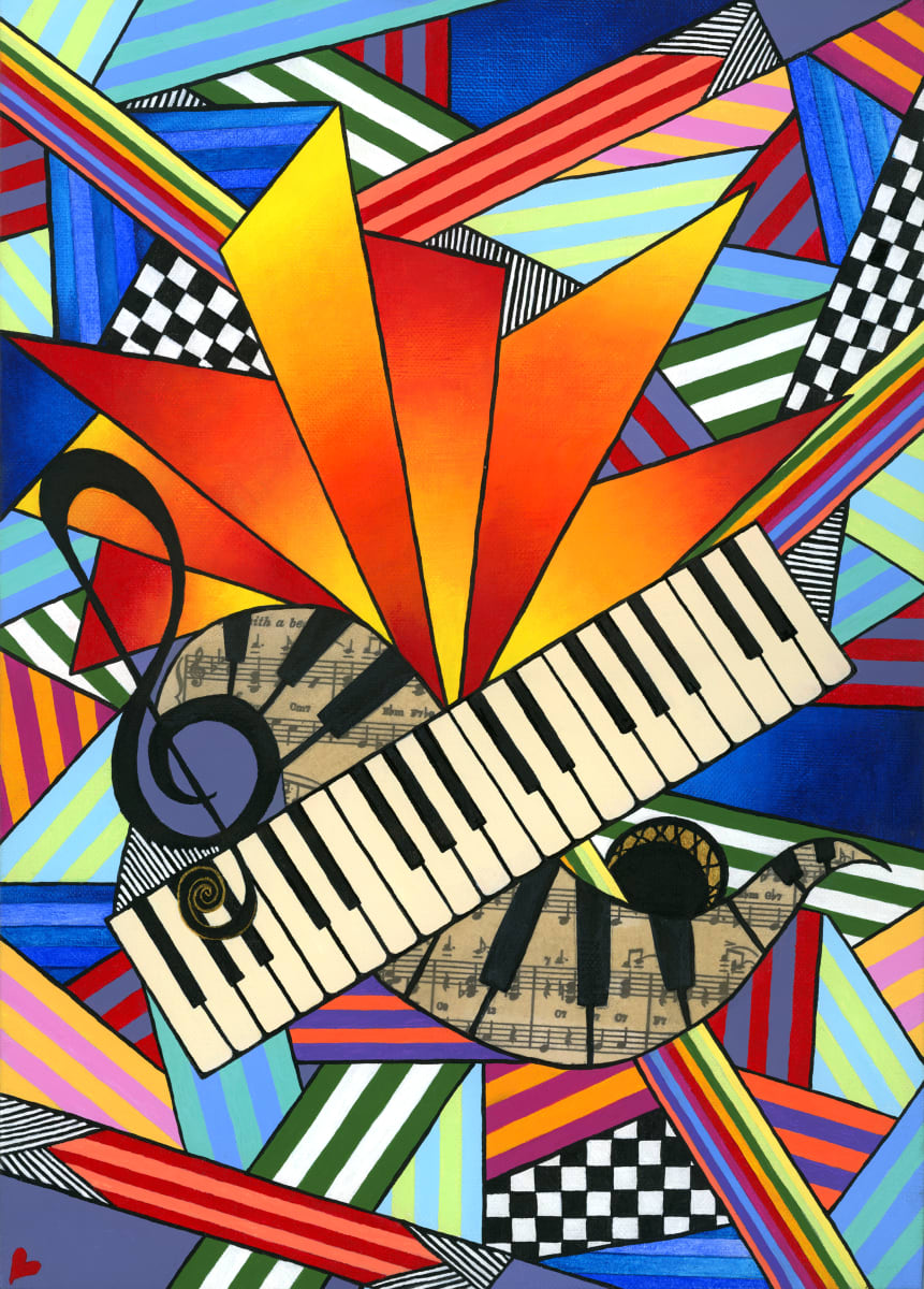 'OC Keyboards' -  Giclée Print from an Original Work by Jude Scott  Image: Fine Art Giclée print of a bright & bold coloured original work created by me in July 2021. I learnt the keyboards as a teenager so used this as inspiration adding some collage of vintage sheet music from my husband's collection as a point of difference to one of the keyboards. 10 x 14 inches.