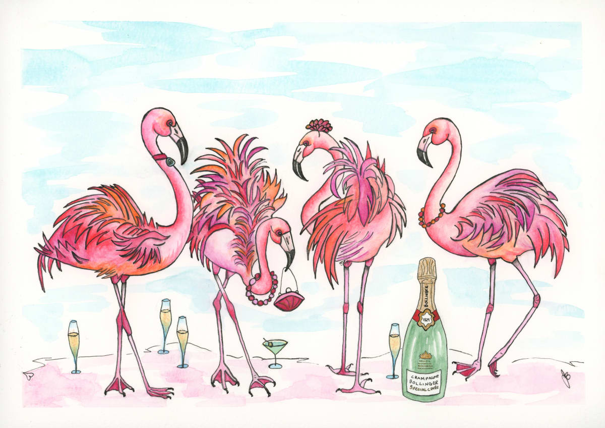'Pink Parade' - Fine Art Giclée Print by Jude Scott  Image: Hand embellished with gold highlights on Flamingo accessories & champagne bottle. 
 A5 size $30 - A4 size $55  - A3 size $95