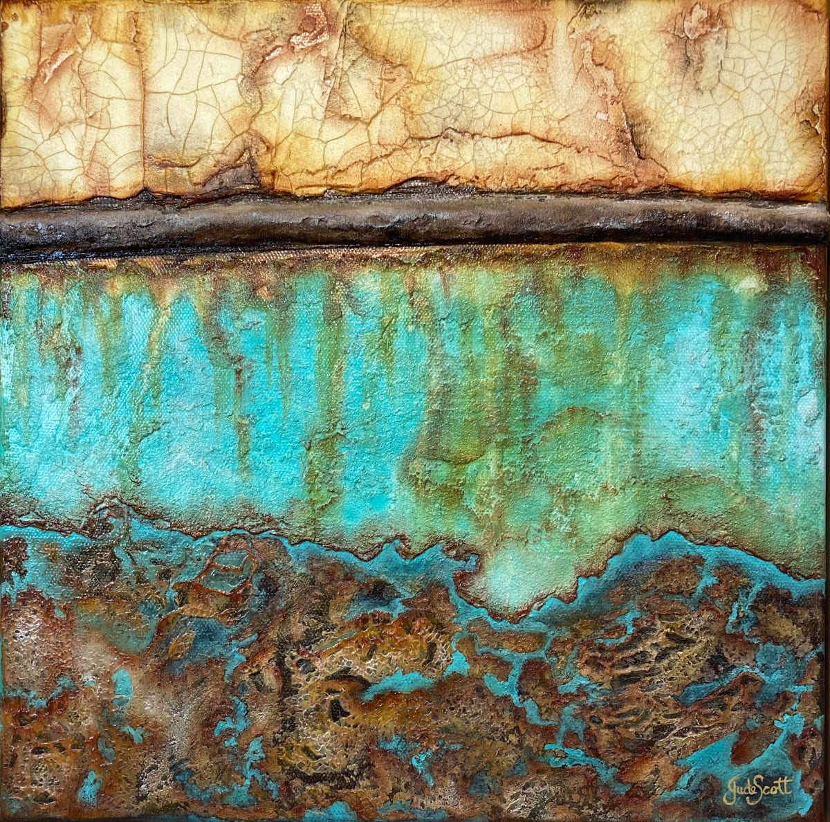 Rusty Hull 1 by Jude Scott  Image: On a recent road trip we stumbled upon an abandoned rusty old boat, high & dry and left to decay. The weather had taken its toll but I found the hull so beautiful with it's cracking paint, rusty patina & turquoise to orange/red colours, inspiring me to recreate this interpretation.







