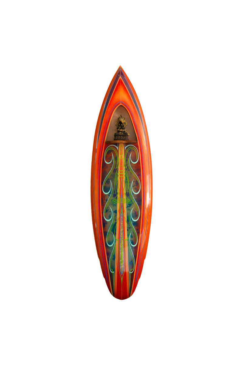 Surfboard by RISK  Image: orange  with blue way pin stripes 