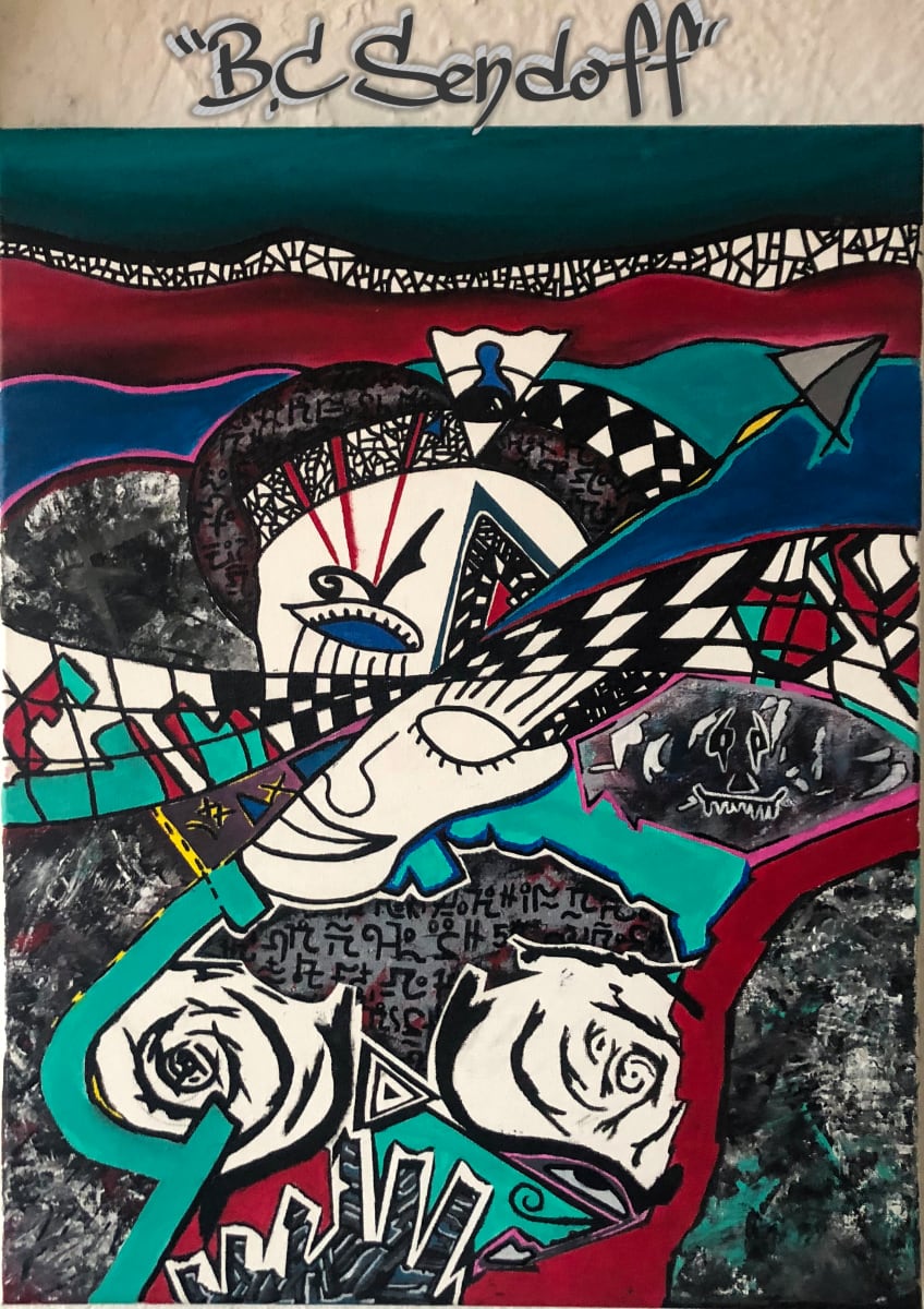 BC Sendoff by Brandon "BiZY" Botten  Image: My last piece before a break from art. The day after this piece was completed I was on a plane flying to northern British Columbia for another summer of planting trees in the wilderness. It features a masked figure with an explosion of colours, shapes and patterns protruding out from somewhere deep within it. It was inspired by the third eye and the power one's intuition has over their everyday decisions.

Acrylic and oil-based paint markers on cotton canvas. 
Completed late April 2019. 
16"X20"