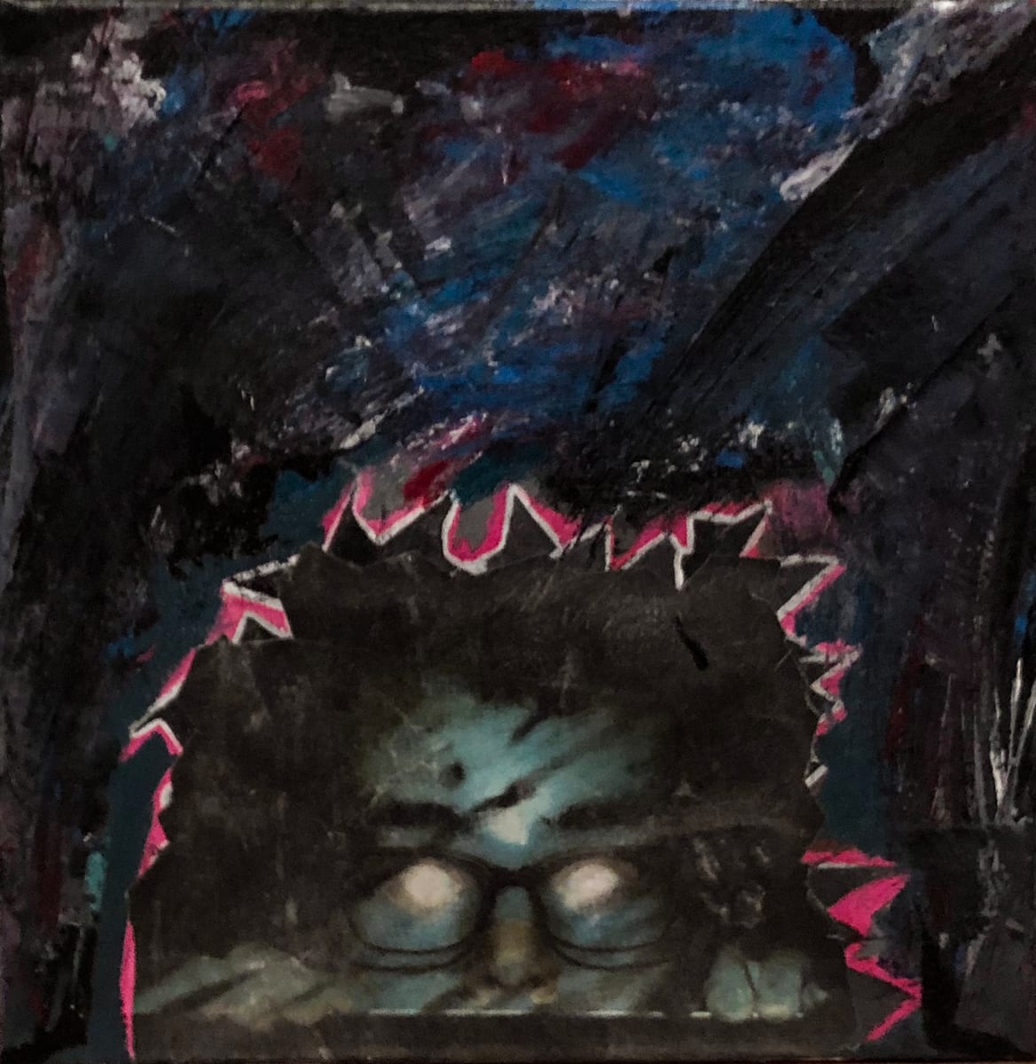 Boy Weunder by Brandon "BiZY" Botten  Image: A portait of a friend of mine. I started this piece on halloween night and wanted to create a spooky, ghostly portrait based off a photo of a friend of mine. The picture was photoshopped by me.

Acrylic and Papier Mâché on cotton canvas. 
Completed November 2018 
12"X12"