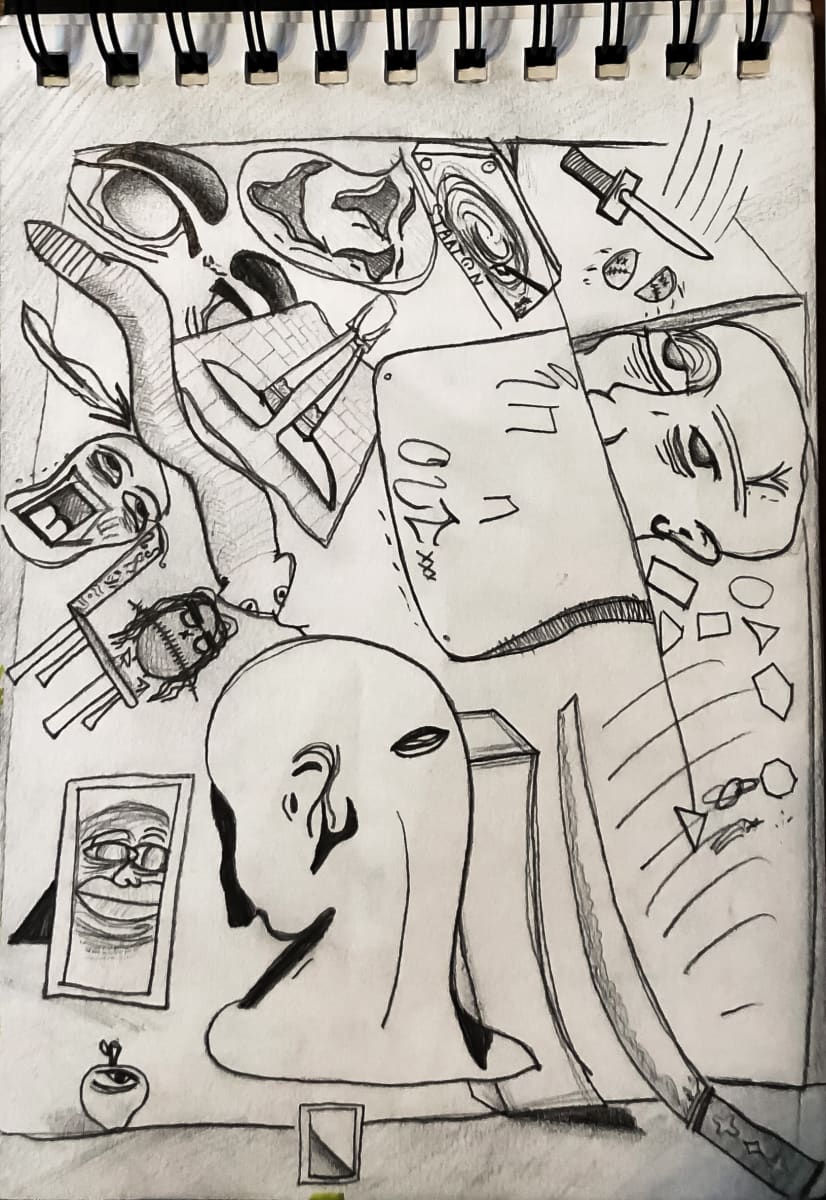 Every Day Objects by Brandon "BiZY" Botten  Image: Taking a trip into the surreal side of things for this one, I list out a number of objects that could in fact be in everyday use for somebody, but likely not the majority of us. This piece is about letting loose, playing with perspectives, capturing motion in the form of blades doing what they do best. Snakes, shrunken heads, fast food, the all-seeing eye in an apple, my record player. Don’t look too deep into this one, I’m sure there are deeply contemplative things to take away from this sketch, but thats the beauty of being your own unique entity eh? 

Until next time, 
✌ n’♡ -BiZY 


Completed on 3/03/2022 
5.75” X 8.5”