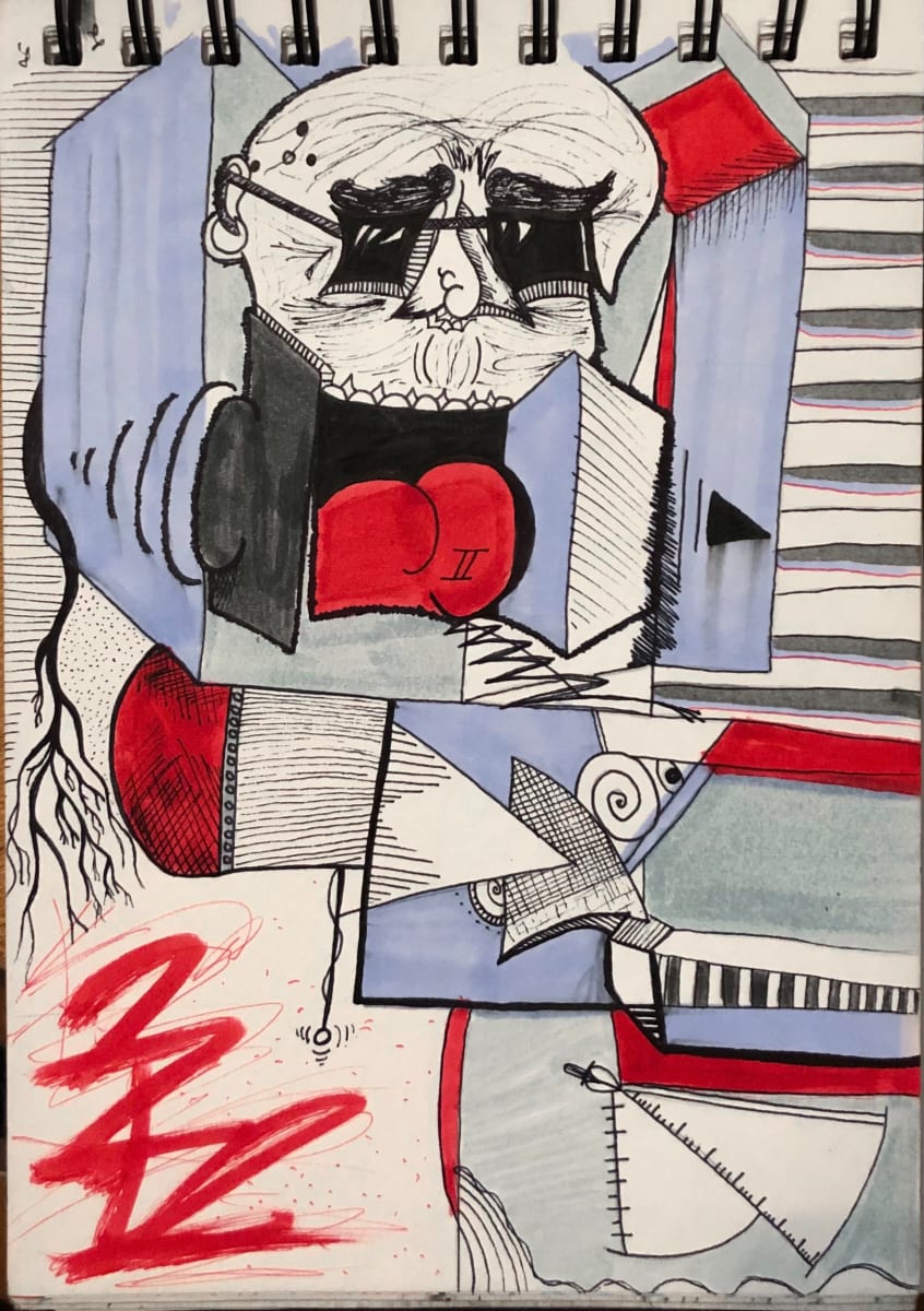 Jawcandy by Brandon "BiZY" Botten  Image: The name of this piece is inspired by the headphone company “Skull Candy.” I replaced Skull with Jaw because the main focal point for this piece is the jaw of the head in the upper middle area of the piece.
This drawing is the first of many to come from my trip to Greece. Living out of a backpack i limited myself to only pencils, markers and pens for 7 weeks, as well as a small coiled sketchbook. This piece began a series of small drawings with the main focus being on highly expressive faces, form and geometry all living together cohesively on the paper. 
Many new ideas and inspirations came out of this time and are reflected later in my newest BiZY’23 paintings. 