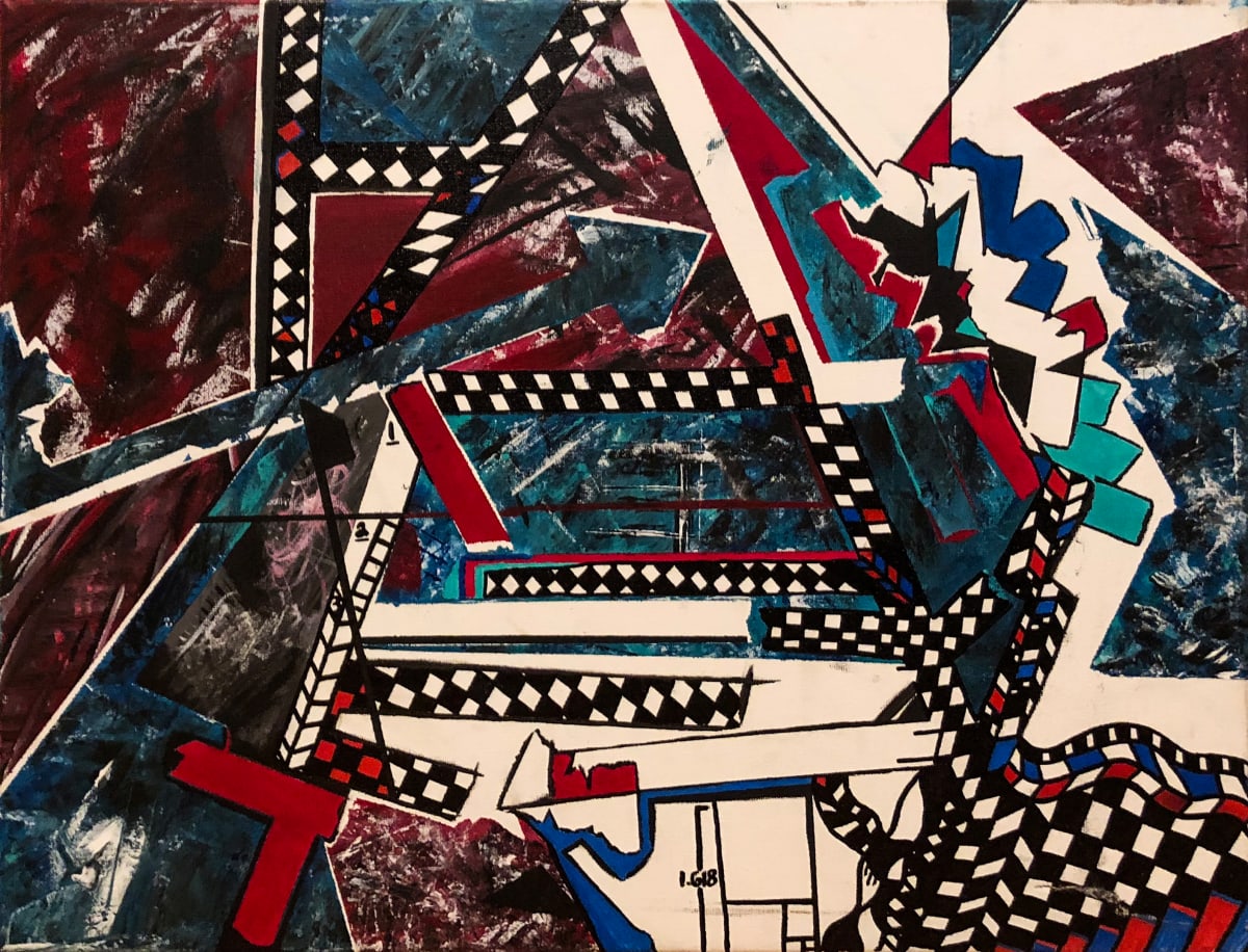 Mathematical Mayhem by Brandon "BiZY" Botten  Image: This pieces focuses heavily on contrast. Primarily the contrast between red&blue, chaos&order, geometry&organics, mathematics and nonsense. This piece is based off of multiple sketches I made around this time featuring converging lines and mathematical equations.

Acrylic and oil-based paint markers on cotton canvas. 
Completed April 2019. 
20"X16"