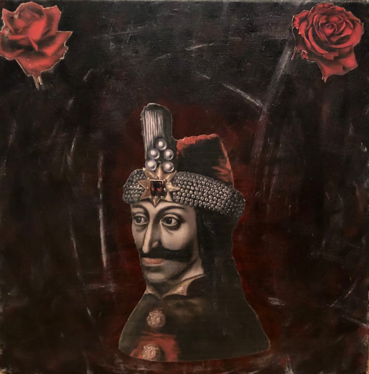 Vlad The Impaler by Brandon "BiZY" Botten  Image: **Part of the TYRANT'18 collection.**

Vlad the Impaler was a ruthless tyrant infamous for going mad with power. The horrific accounts of what he would do to those who opposed him were some of the most disturbing punishments in history. His image was pulled from the internet, the roses were created on Adobe Illustrator.

Acrylic, Papier Mâché on cotton canvas. 
Completed September 2018. 
12"X12"