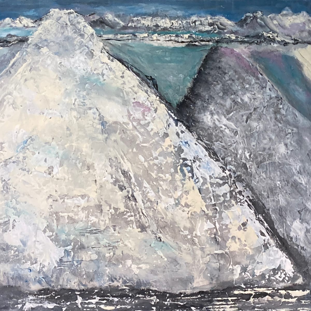 The Climb by Julie Crisan  Image: This amazing textured painting has a chilly vibe.  Look close enough and you'll see a climber.  