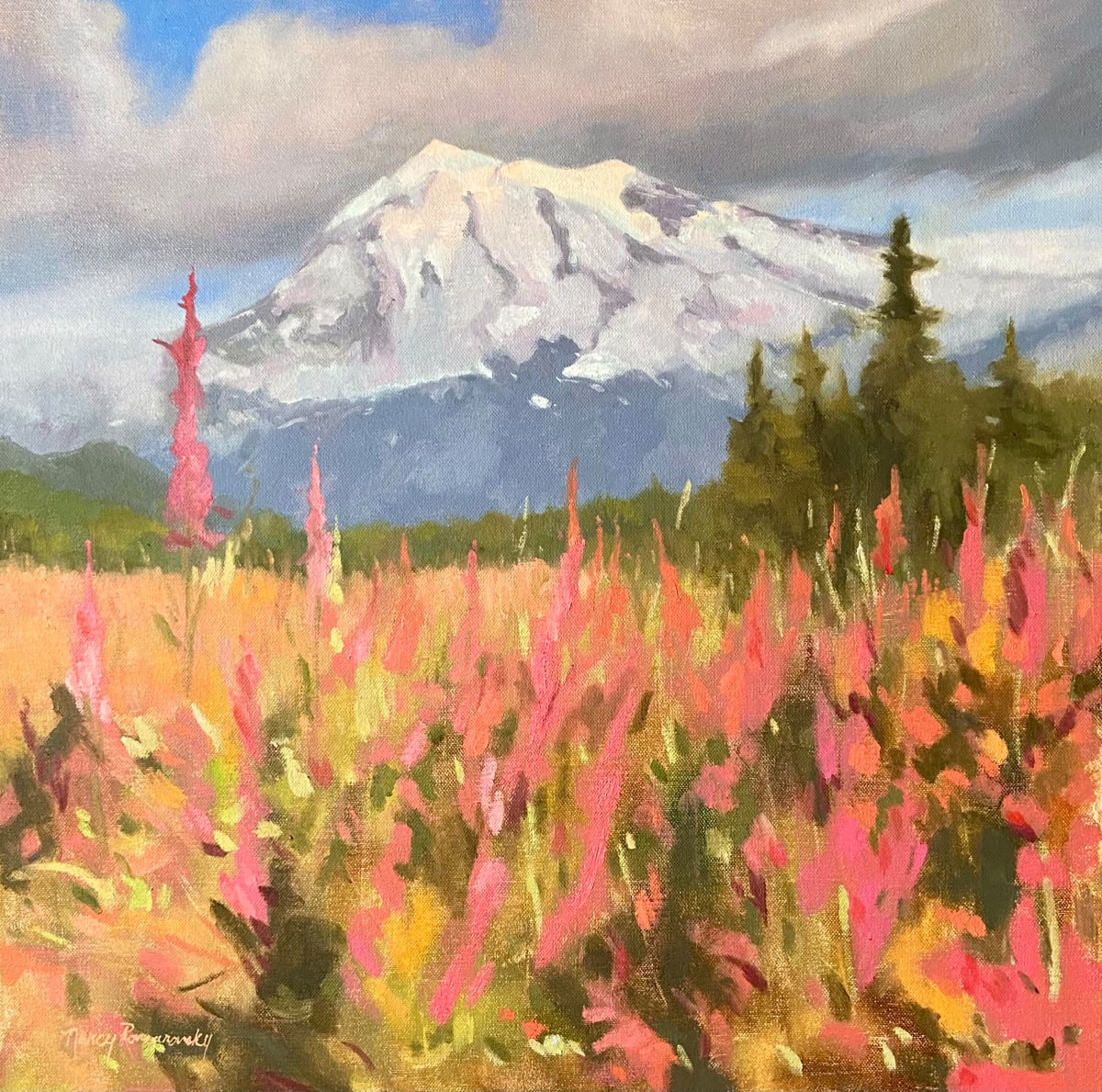 Rainier and Foxgloves by Nancy Romanovsky 