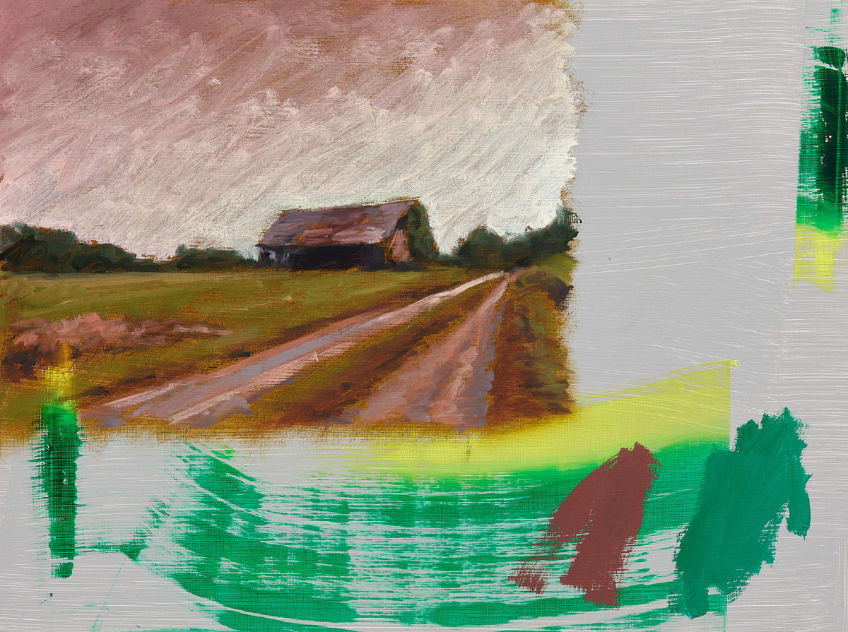 Collaboration 26 by Damian Stamer  Image: My photographic childhood memory riding a bike down South Lowell Road in North Carolina at dusk in late summer. Old weathered barn in a scraggy cut field in the distance looking up a little hill beneath two pine trees. Pink sky and pink and orange light from the sun. Wide angle vista.