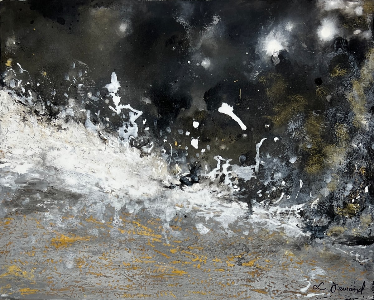 "Rush" by Lori Demand  Image: The high contrast of black and white is a great way to do this and adding a touch of gold can take it up a notch. "Rush" was inspired by a small back trail waterfall at Waimea Canyon in Kauai. I loved the contrast that existed between areas that were typical Hawaii lushness and the raw, harshness of the canyon. This inspired me to create this piece in black and white.