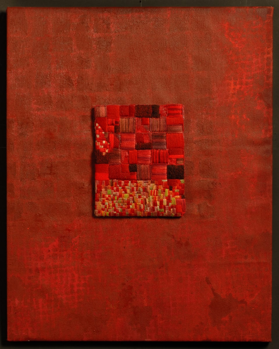 49th Parallel by Lesley Turner  Image: Lesley Turner, '49th Parallel', 2002, 21.5"h x 17"w.  Wool yarn, cotton thread, acrylic paint, cotton fabric, acrylic felt. Farming subsidies mean Montana farmers can afford to irrigate and intensively grow grain crops. Albertan ranchers have left their land covered in native grasses while their cattle roam within vast properties. Photo: John Dean Photographs Inc
