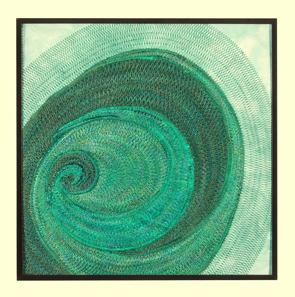 Synesthesia #5 Green by Lesley Turner  Image: Lesley Turner, 'Synesthesia #5 Green', 13"x13"x0.5". Cotton fabric, wool, polyester, cotton threads. Working monochromatically I focused on expressing the color’s radiating energy through line and value. Photo: Tony Bounsall Photo-Design
