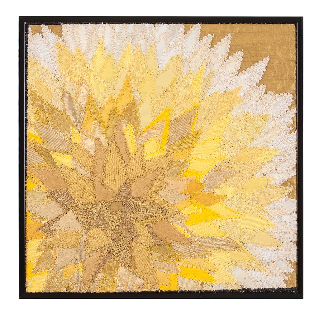 Synesthesia #24 Golden Yellow by Lesley Turner  Image: Lesley Turner, 'Synesthesia #24 Golden Yellow', 13"x13"x0.5". Cotton, silk, linen, polyester fabrics, cotton, and polyester threads. Working monochromatically I focused on expressing the color’s radiating energy through line and value. Photo: Tony Bounsall Photo-Design