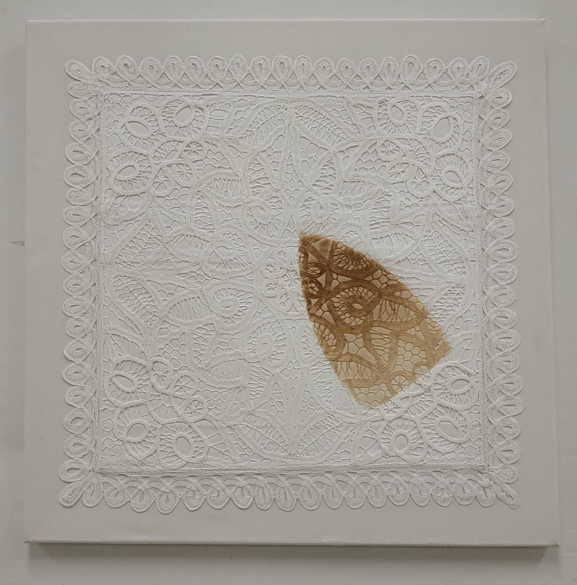 Scorch: Oops by Lesley Turner  Image: Lesley Turner, 'Scorch: Oops', 2020, 22"x22". Lace pillow case, bedsheet, polyester thread. To deliberately ruin this pillow case is a subversive act.