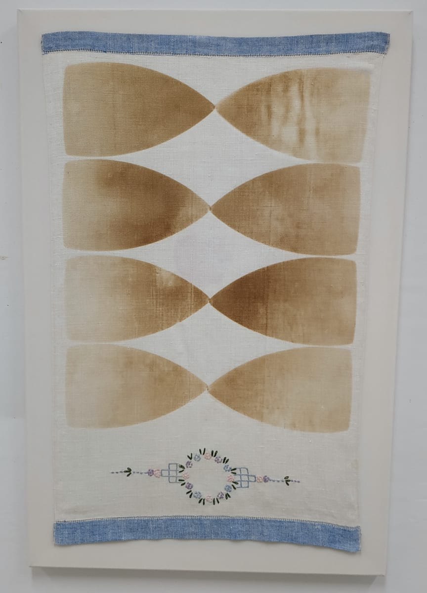 Scorch: Away with the Fairies by Lesley Turner  Image: Lesley Turner, 'Scorch: Away with the Fairies', 2020, 30"x20". Vintage hand towel, bedsheet, polyester thread. A scorched cloth acted as an indicator of a moment of weakness.