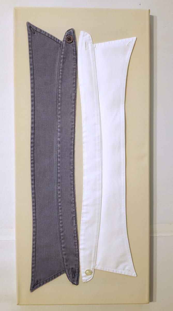 Blue Collar White Collar by Lesley Turner  Image: Lesley Turner, 'Blue Collar White Collar', 2020, 20"h x 10"w x 0.5"d. Men's shirt collars, worn bedsheet,  polyester thread. Removing hierarchies brings us closer to understanding equality.