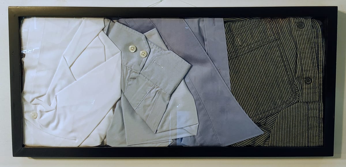 Sorted by Lesley Turner  Image: Lesley Turner, 'Sorted', 2020, 10"x21". Men's cotton shirts. A state of being well-organized or having successfully completed a task with excellence.