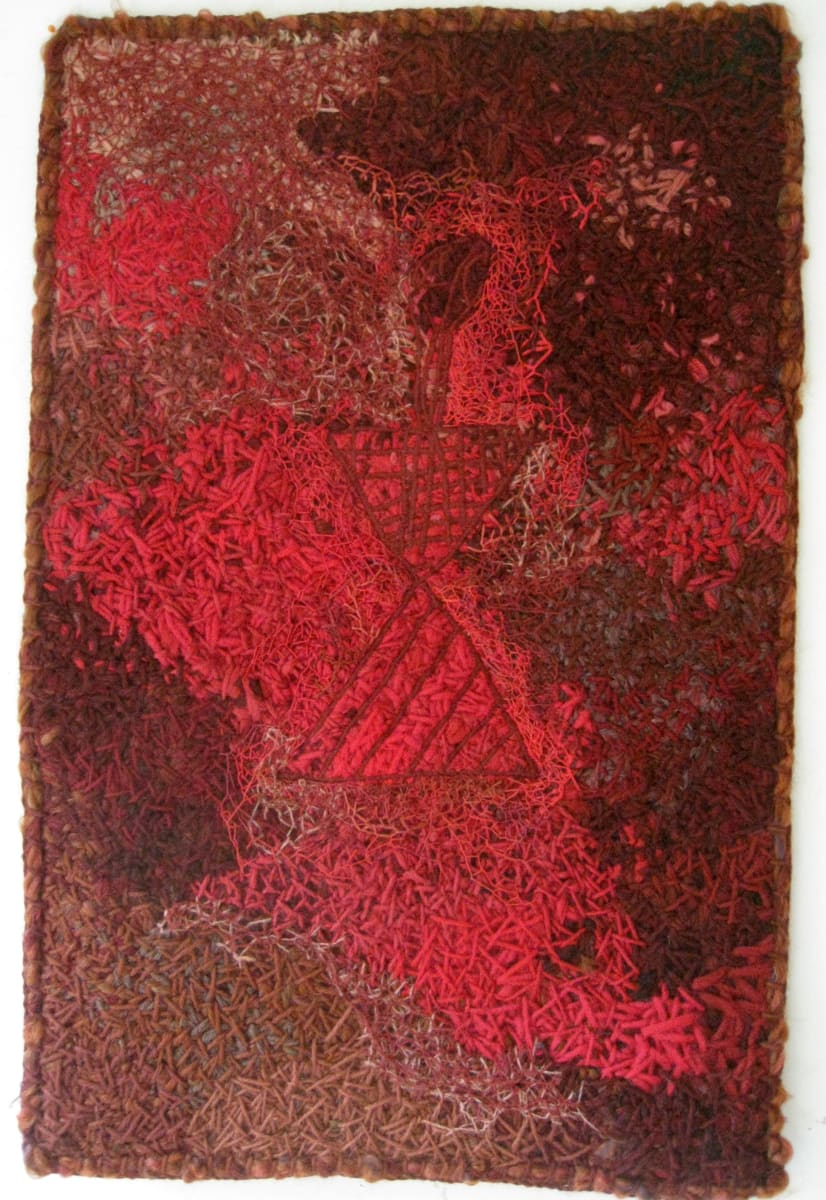 Mi'kmaq Petroglyph: Women by Lesley Turner  Image: Lesley Turner, 'Mi'kmaq Petroglyph: Woman', 23"x15"x0.5", wool, silk, cotton, burlap. Amongst the red earth rocks around Lake Kedjimkoojik, Nova Scotia can be found this ancient symbol of a woman.