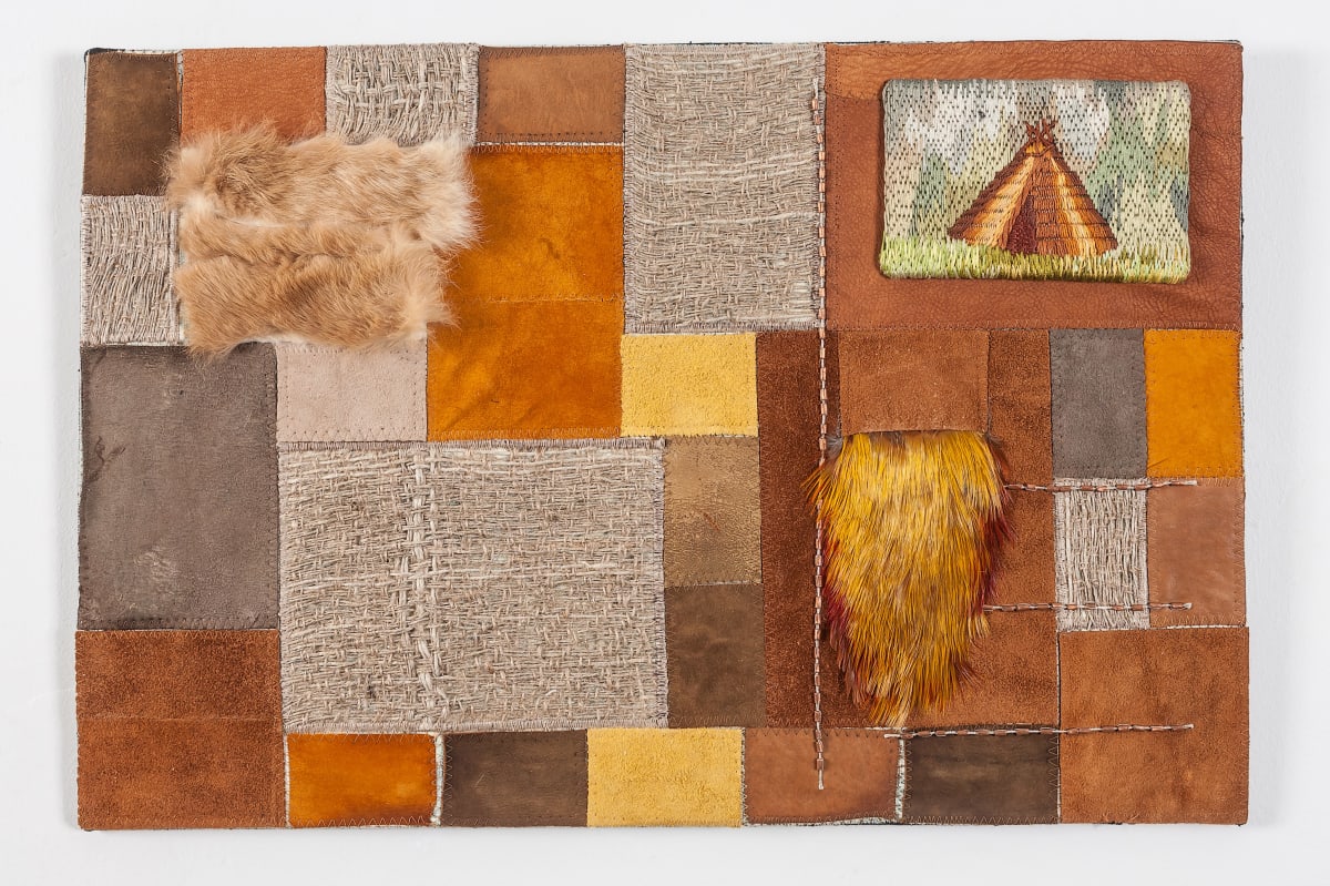 Postcards From Fundy #1 Mi'kmaq by Lesley Turner  Image: Lesley Turner, 'Postcards From Fundy #1 Mi'kmaq', 16"x24"x0.5", leather, suede, fur, jute, feathers, cotton. Photo: Tony Bounsall Photo-Design.