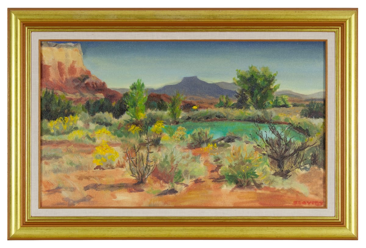 View of Ghost Ranch by Phyllis Anna Stevens Estate  Image: A wedding gift to Karen S. Fisher and Robert Warren married in June 1998. Painted in Plein Air in Box Canyon looking West across Ghost Ranch toward Pedernal mountain. 