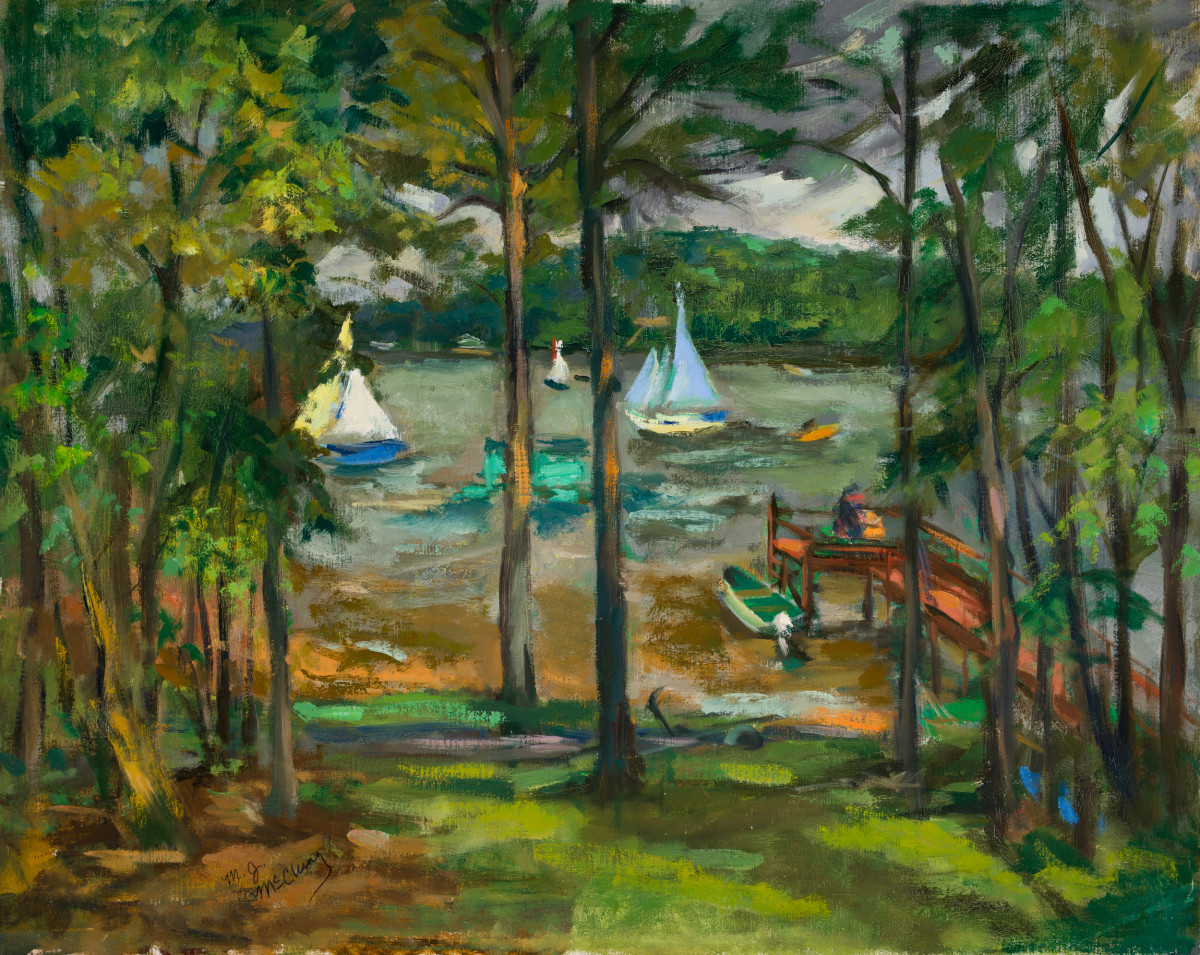Boats & Pier at the Lake by Miriam McClung 