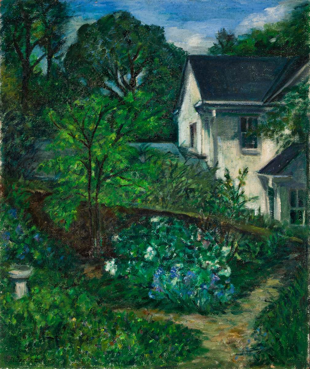 Hydrangeas and the Bird Bath by Miriam McClung, Image 1.