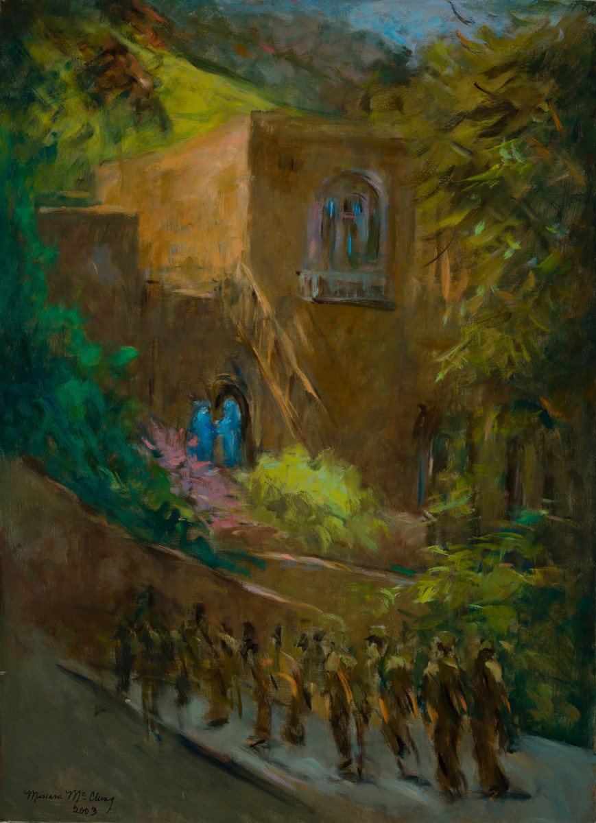 Elizabeth Greets Mary at Ein Karem by Miriam McClung 