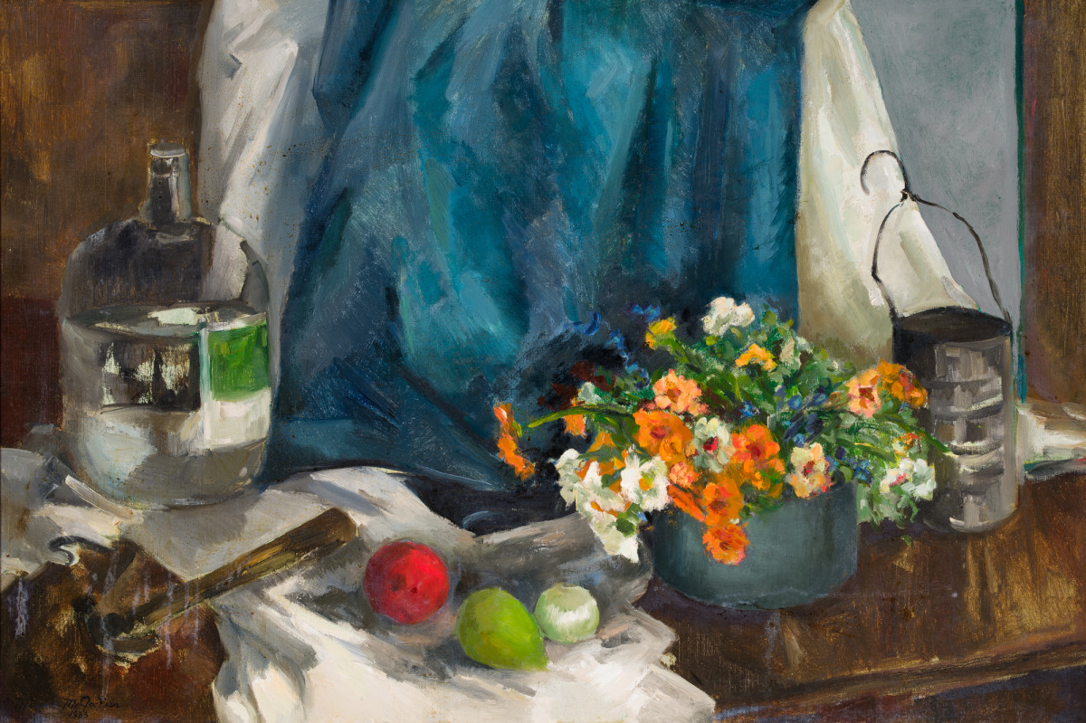Still Life with a Water Bottle and Flowers by Miriam McClung 