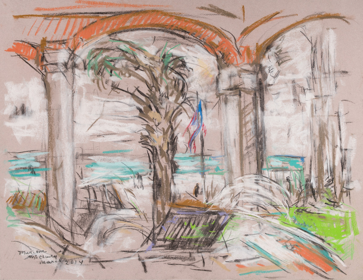 Beach Scene with Columns on Porch by Miriam McClung 