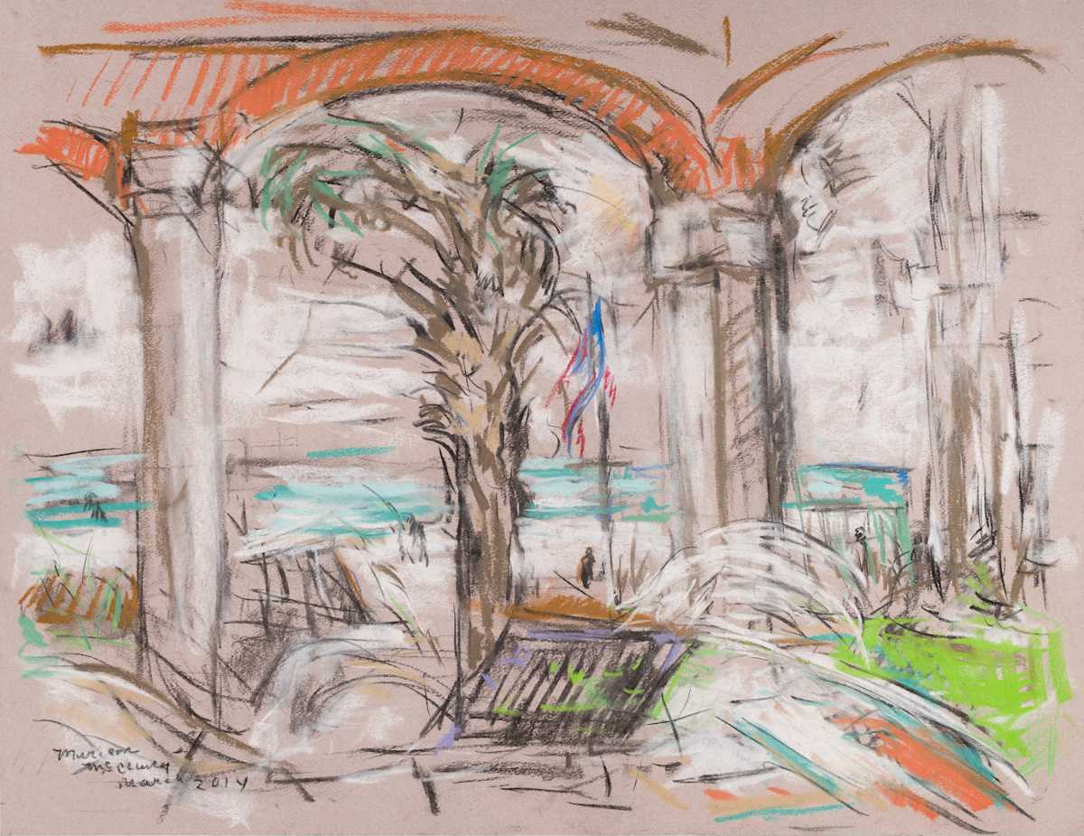 Beach Scene with Columns on Porch by Miriam McClung, Image 1.