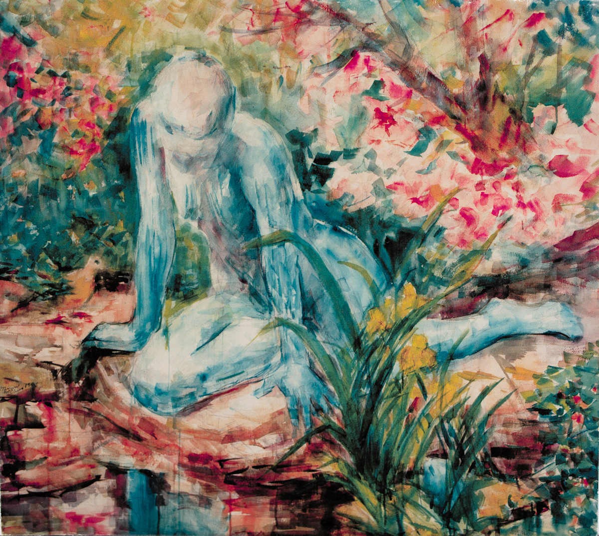 "Froggy Went a Courting" or "Azaleas and Statue at Birmingham Botanical Gardens" by Miriam McClung, Image 1.