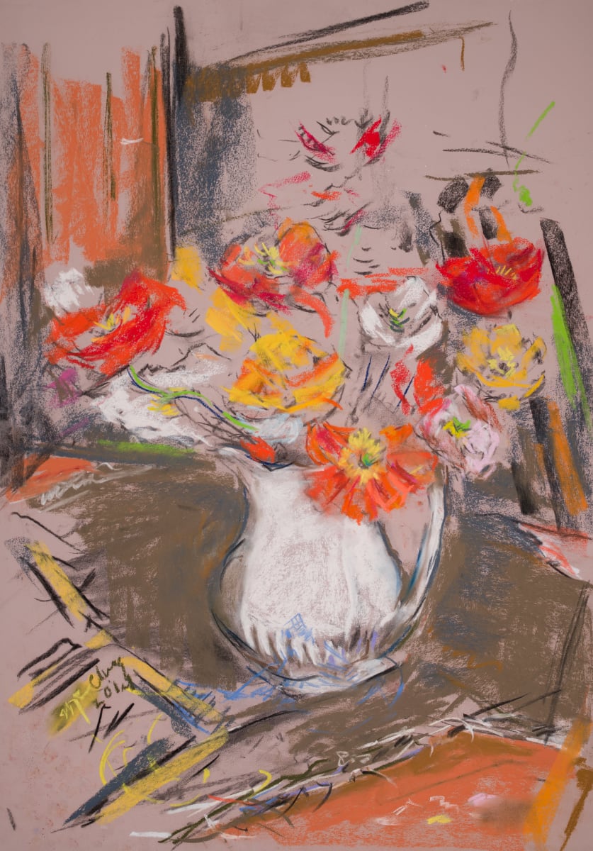 Zinnias in a White Vase by Miriam McClung 