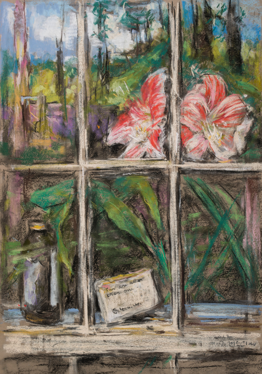 "Amaryllis in the Studio Window" or "Two Are Better than One" by Miriam McClung 