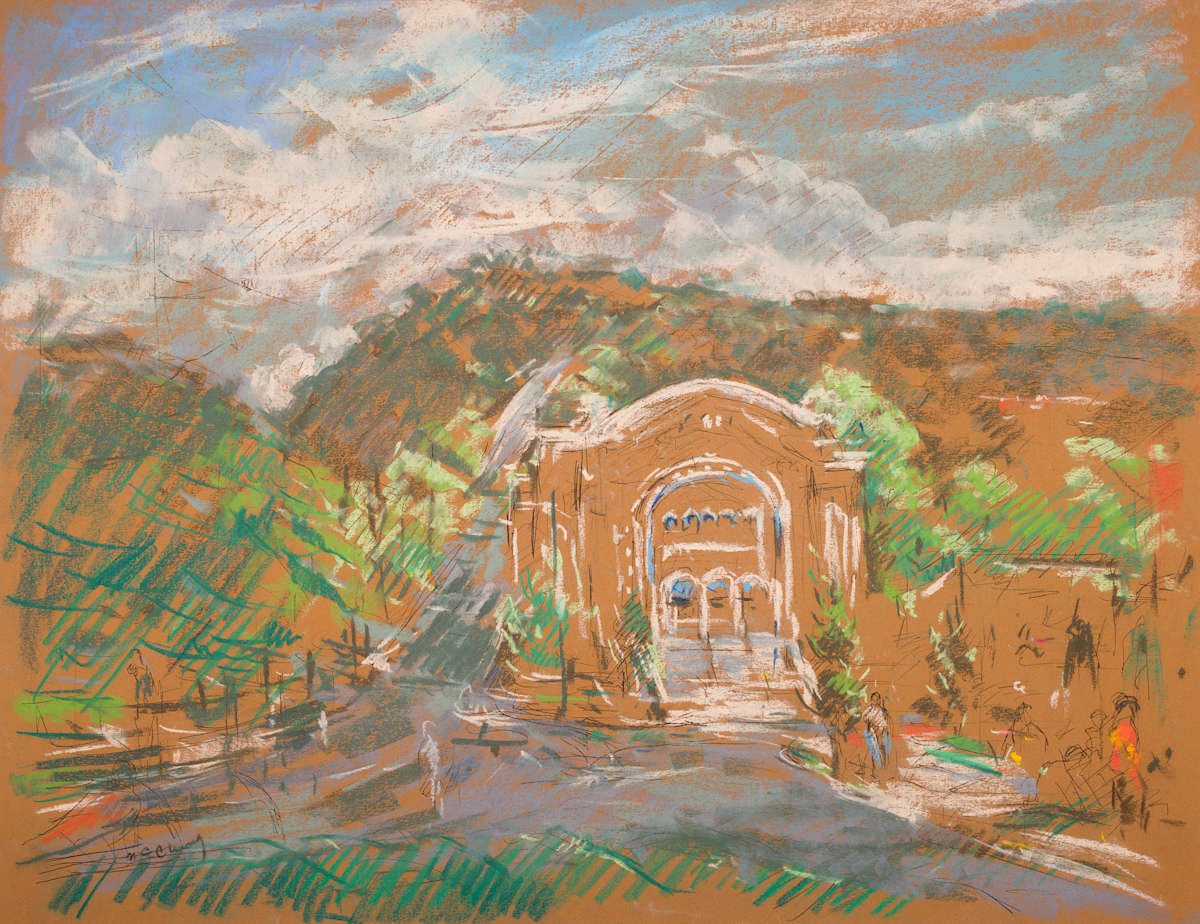 Five Points South View of Temple Beth-El and Mountain by Miriam McClung, Image 1.
