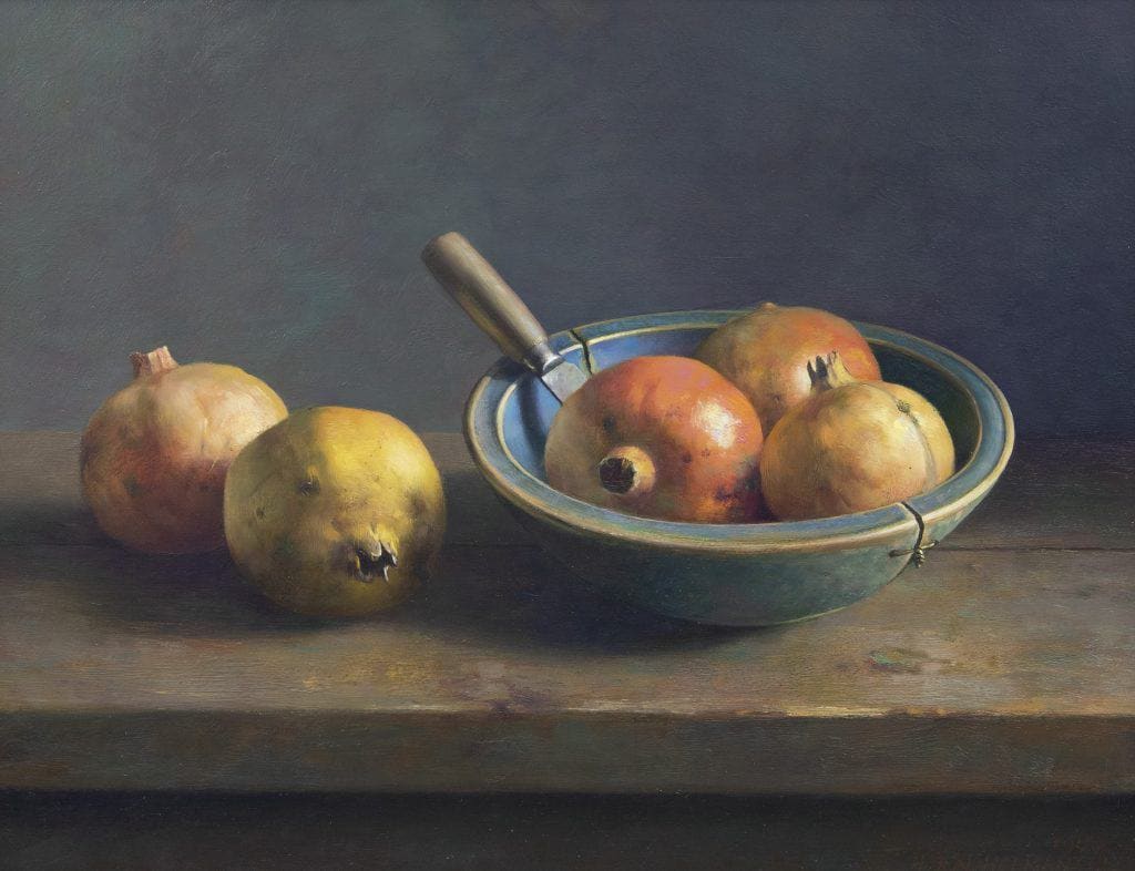 Pomegranates in a wooden bowl by Henk Helmantel  Image: Oil on Masonite; Signed lower right and dated 1987