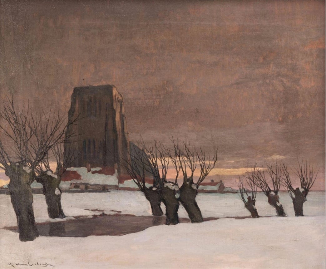Winters gezicht met de kerk van Lissewege by Karel van Lerberghe  Image: Karel van Lerberghe,  Winter Landscape with the church at Lissewege, 1928