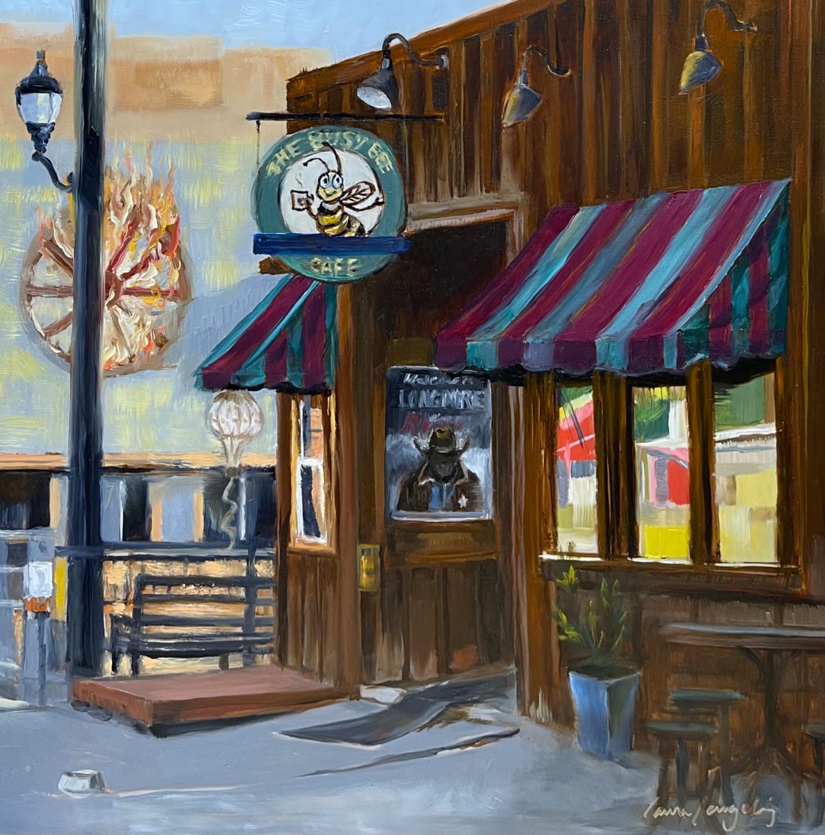 Having the Usual at the Busy Bee Cafe by Laura Lengeling  Image: Buffalo, Wyoming is an inspiration for author Craig Johnson and his Longmire series of books. Happened to stumble upon Buffalo on the way to Montana and couldn’t resist the setting or the books! The title for this piece comes from the books and is best decoded through reading them. For now just enjoy a flaming wagon wheel and a Rainier beer poster in the doorway. Hey if Dali can have a flaming giraffe I figure I’m in good company. 