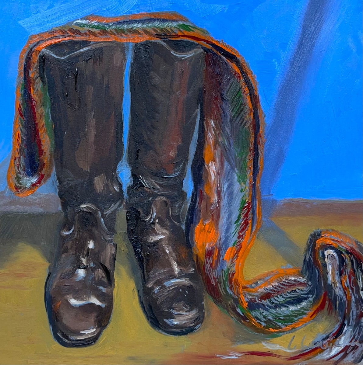 Western Artist Charles Russells' Stovepipe Boots by Laura Lengeling  Image: The artists boots are part of exhibits at the Russell Museum in Great Falls, MT. I enjoyed the personal connection with the artist and took the opportunity to portray his boots and sash that showed wear from love and comfort provided by the objects to the artist.