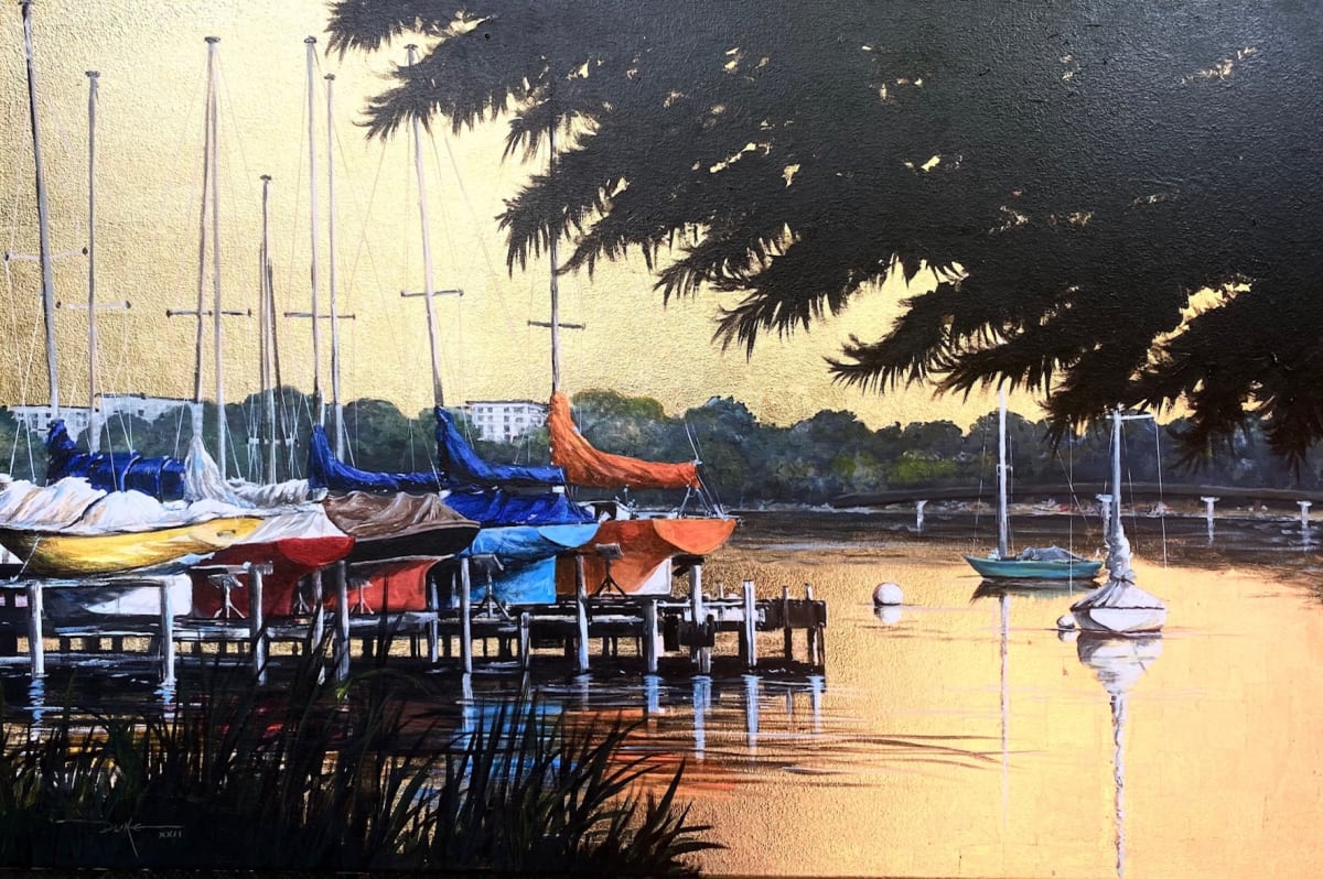 A Moment at White Rock by Duke Windsor  Image: Painting of the marina at White Rock near Dallas, Texas.  this was a commision for highschool classmates, Jeff & Annette(Rochelle) Patterson in 2022.  