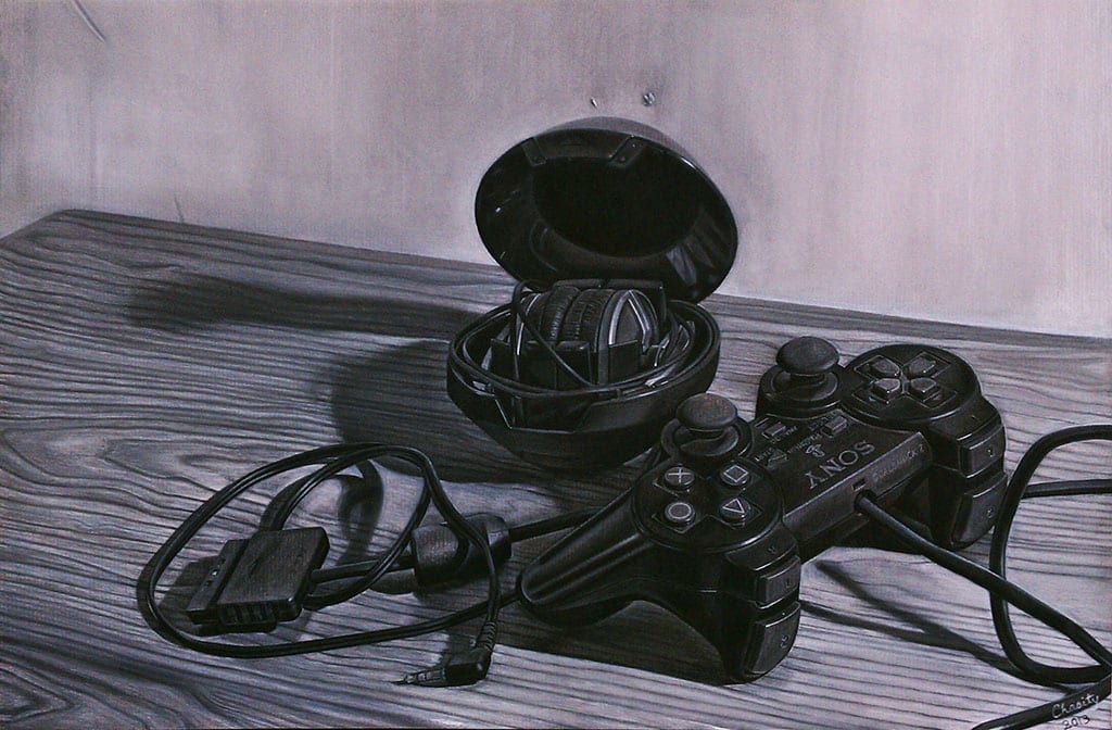Some Personal 2000s Tech by Sonia C. C. Colón  Image: 12 x 18 inches, Charcoal on Paper, 2013.