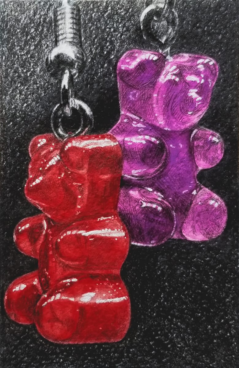 Gummy Couple by Sonia C. C. Colón  Image: 3.75 x 2.5 inches, Acrylic, Watercolor, Graphite and White Ink on Watercolor Paper, 2020, $125.
