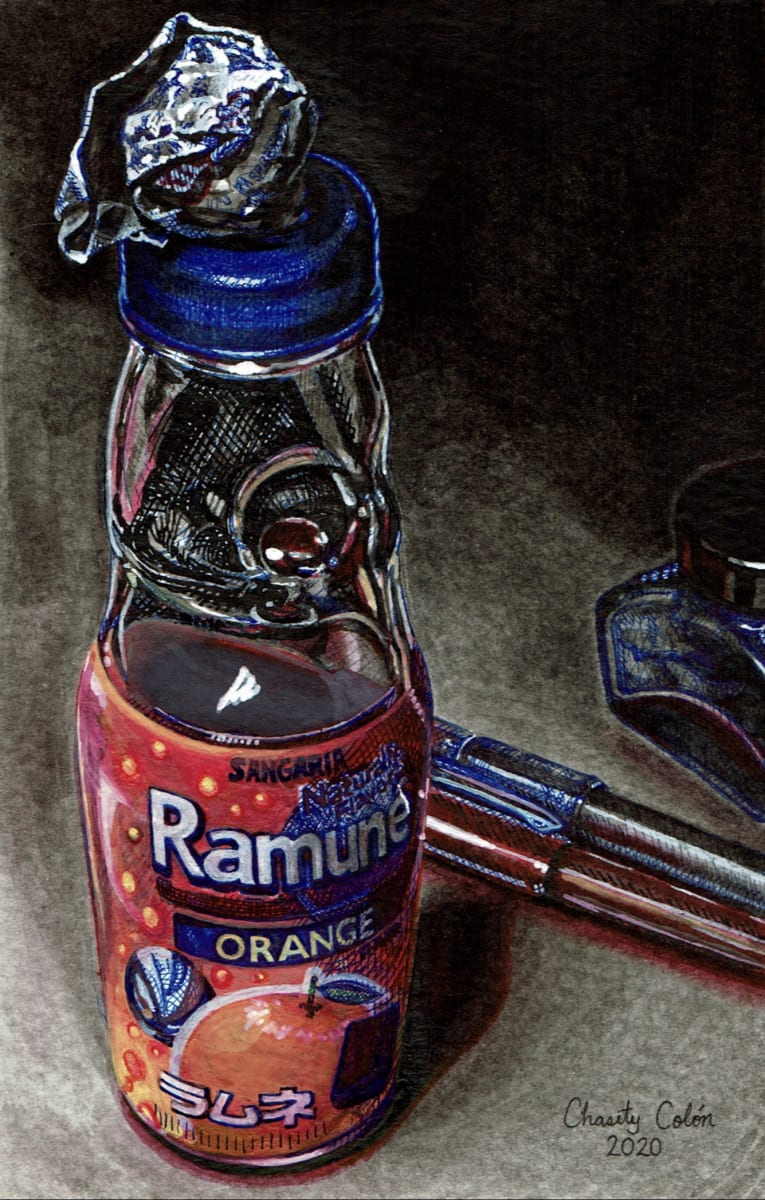Orange Ramuné by Sonia C. C. Colón  Image: 7 x 4.5 inches, Ink, Watercolor and Acrylic on Watercolor Paper, 2020, $230.