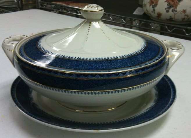 Covered Serving Dish with Saucer with Blue and White Rio Pattern by Leighton Pottery 