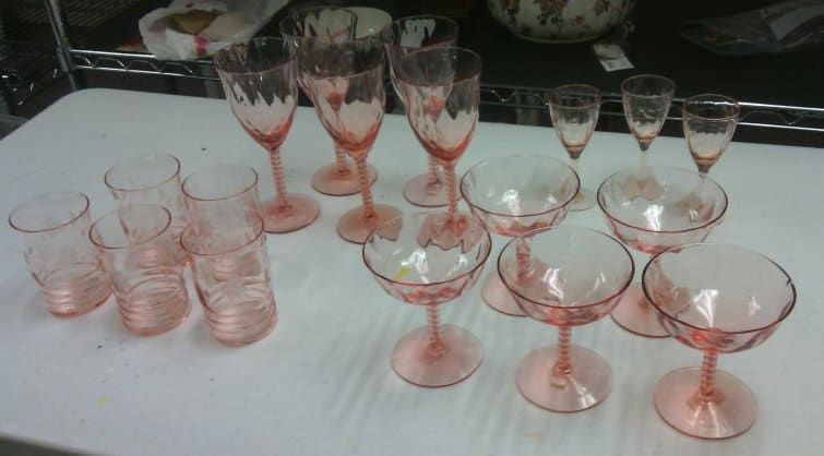 18 Piece Pink Depression Stemware by Maker Unknown 