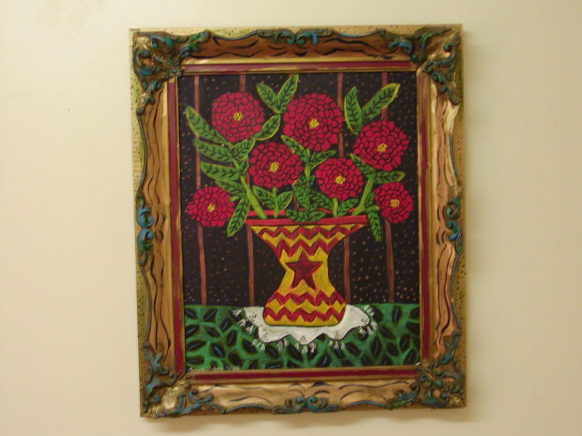 Red Summer Zinnias in a Dark Room by Sarah Rakes 
