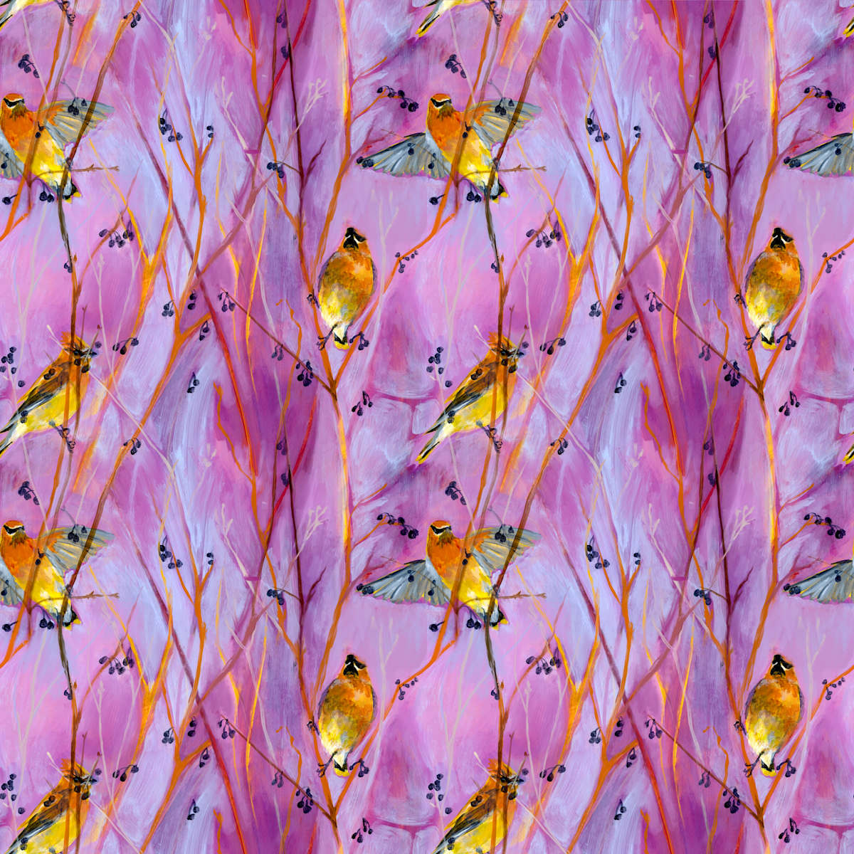 Cedar Waxwing Repeat Pattern by Sarah Jaynes  Image: Cedar Waxwing Repeat Pattern
Digital file from an acrylic painting
Sarah Jaynes
2022