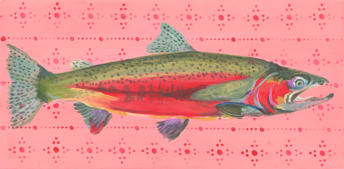 COHO SALMON by Sarah Jaynes  Image: Coho Salmon
Sarah Jaynes
6x12 inches
Acrylic and on wood
2023